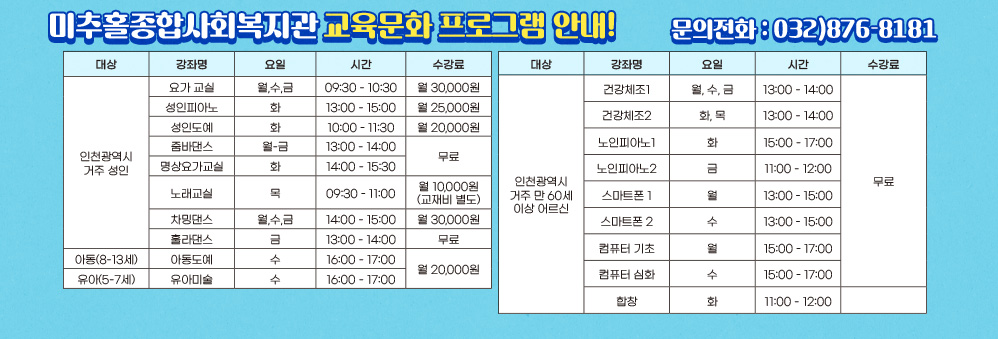미추홀종합사회복지관
상반기 프로그램 안내!

■ 접수기간 : 2023.01.16.(월) ~ 20.(금)
■ 접수방법 : 전화접수 (032-876-8181) 
             온라인접수 (복지관 카카오채널 1:1채팅)                                          


강좌명
요일
시간
수강료
건강체조 (월수금)
월, 수, 금
13:00 - 14:00
무료
건강체조 (화목)
화, 목
13:00 - 14:00
무료
노인피아노
화
15:30 - 17:30
무료
스마트폰 기초
화, 목
14:30 - 16:00
무료
스마트폰 심화
화, 목
13:00 - 14:30
무료
컴퓨터교실
화, 목
16:00 - 17:30
무료
어르신합창
화, 금
11:00 - 12:00
무료
■ 진행강의 

강좌명
요일
시간
수강료
아동도예
수요일
16:00 - 17:20
무료

강좌명
요일
시간
수강료
성인요가 1
월 - 금
10:00 - 11:00
월 30,000
성인요가 2
월 - 금
11:00 - 12:00
월 30,000
성인피아노
화
13:30 - 15:30
월 25,000
성인도예
화
13:00 - 15:00
무료
기타초급
수
10:00 - 11:00
무료
기타중급
수
11:00 - 12:00
무료
줌바댄스
월 - 금
15:30 - 16:30
무료